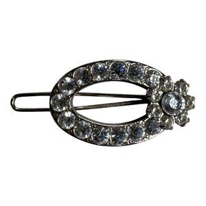 Vintage Joomi Signed Oval Hair Clip Rhinestones & Floral Accent Silver Tone 1.5"